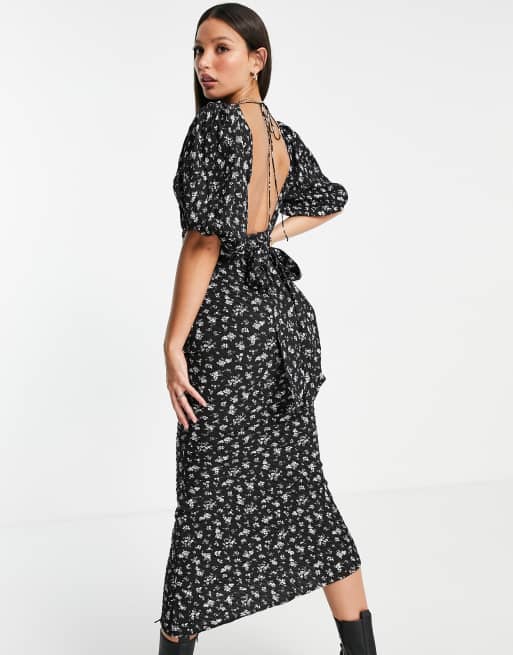 ASOS DESIGN Tall puff sleeve wrap front midi dress with tie back in ditsy print , 4 of 4