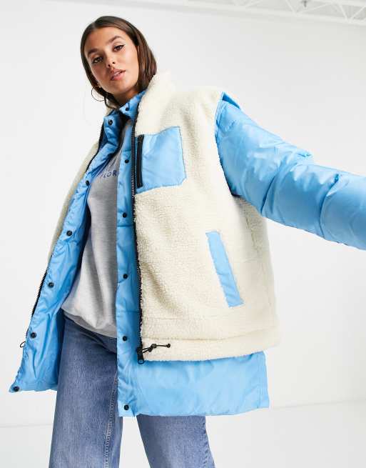 ASOS DESIGN Tall puffer jacket with detachable borg vest in blue and cream  - DGREEN