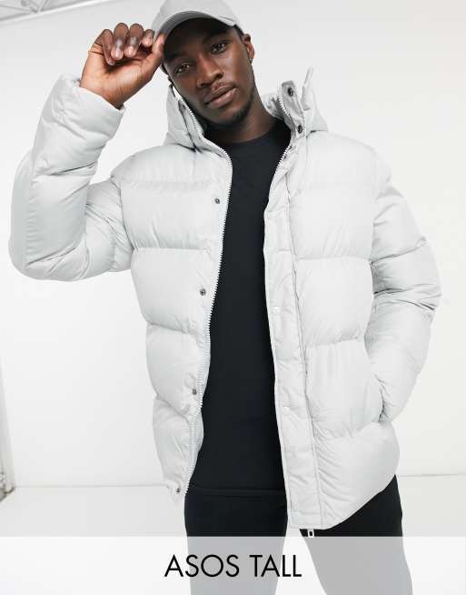 Asos Design Tall Pufferjacke In Grau Aus Nachhaltiger Herstellung Mit Abnehmbarer Kapuze 