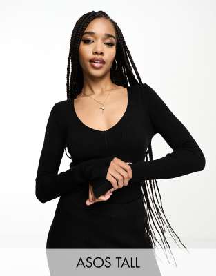 ASOS DESIGN Tall - Pull côtelé à col en V - Noir