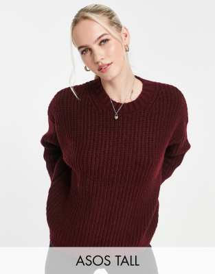 ASOS DESIGN Tall crew neck chunky rib jumper in dark red  - ASOS Price Checker