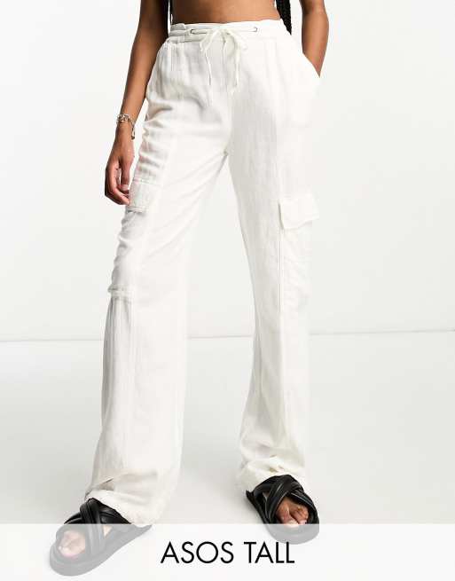 ASOS Design Pull on Cargo Pant with Linen in Off White