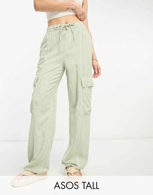 ASOS DESIGN Tall pull on cargo pants with linen in sage 