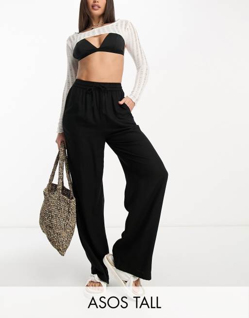 ASOS DESIGN wide leg drawstring waist linen pants in black