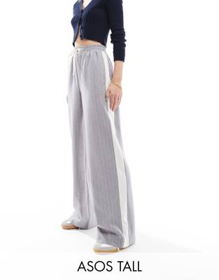 ASOS DESIGN Tall pull on pants with contrast panel in gray stripe-Multi