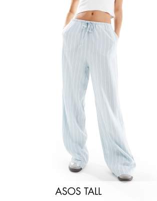 Asos Design Tall Pull On Trouser With Linen In Blue Stripe-Multi