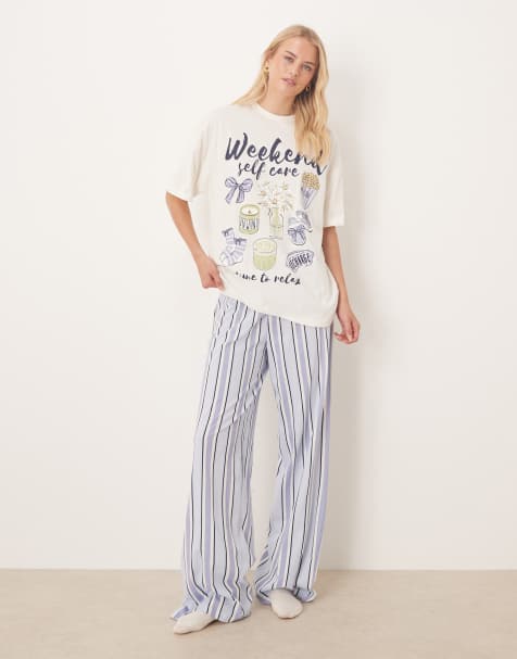 ASOS DESIGN Tall – Pyjama aus Oversize-T-Shirt mit „Weekend Self Care“-Grafikmotiv und Hose mit weitem Bein - view 1