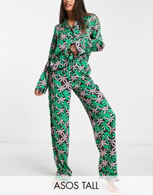 ASOS DESIGN Tall Christmas santa baby satin shirt & trouser pyjama set in green & pink - ASOS Price Checker