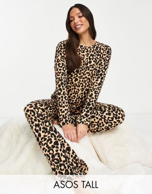 ASOS DESIGN Tall viscose leopard long sleeve top & wide leg trouser pyjama set in brown - ASOS Price Checker