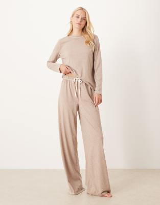 ASOS DESIGN Tall - Pyjama in braun meliert mit langärmeligem Shirt und Hose mit weitem Bein-Grau