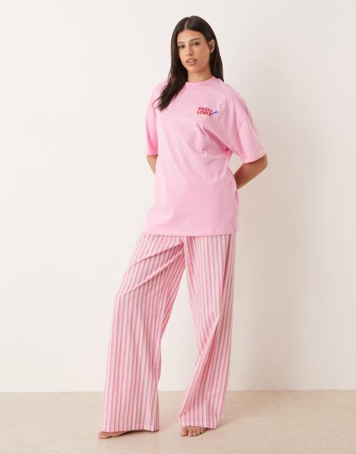 ASOS DESIGN Tall pyjama oversized tee and woven wide leg pants set in pink pasta graphic, 2 of 4