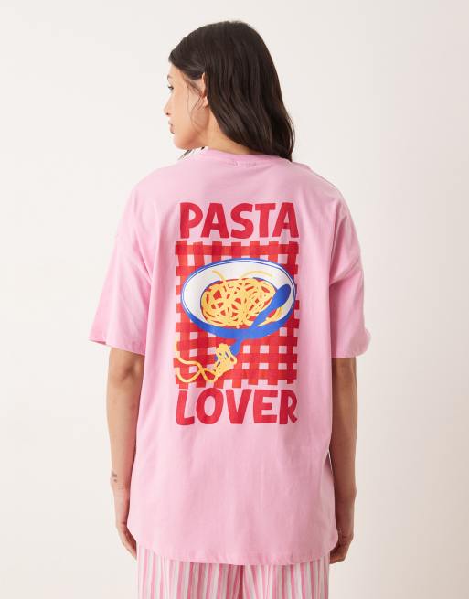 ASOS DESIGN Tall pyjama oversized tee and woven wide leg pants set in pink pasta graphic, 4 of 4