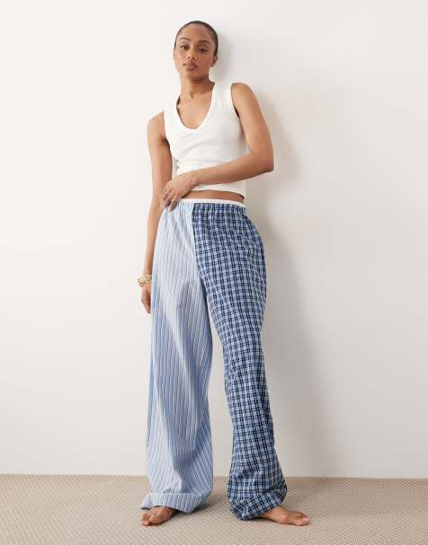 ASOS DESIGN Tall – Pyjamahose aus Webstoff mit geteiltem Design in Blau gestreift und mit Karomuster - view 1