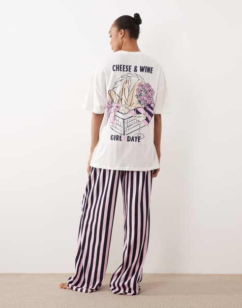 ASOS DESIGN Tall – Pyjamas med byxor och topp med 'cheese & wine'-tryck - view 1