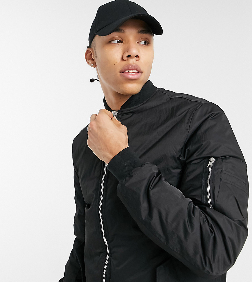 ASOS DESIGN TALL QUILTED BOMBER JACKET WITH MA1 POCKET IN BLACK,AIRWAYS BLACK TALL