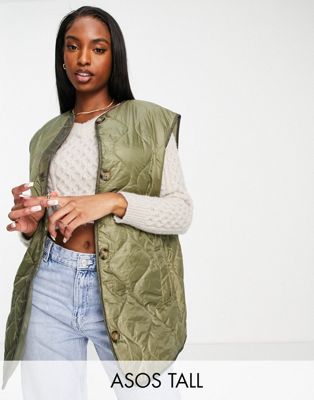 ASOS DESIGN Tall quilted collarless gilet in olive