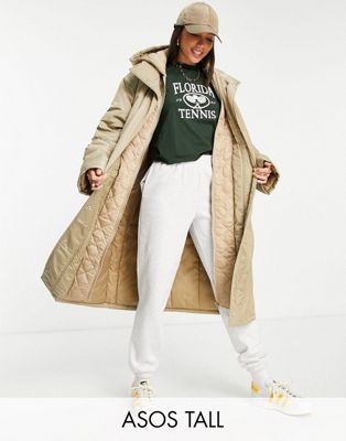 Asos Tall Asos Design Tall Quilted Double Layer Parka Coat In Stone-green