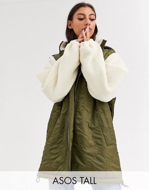 ASOS DESIGN Tall quilted jacket with borg sleeves in khaki