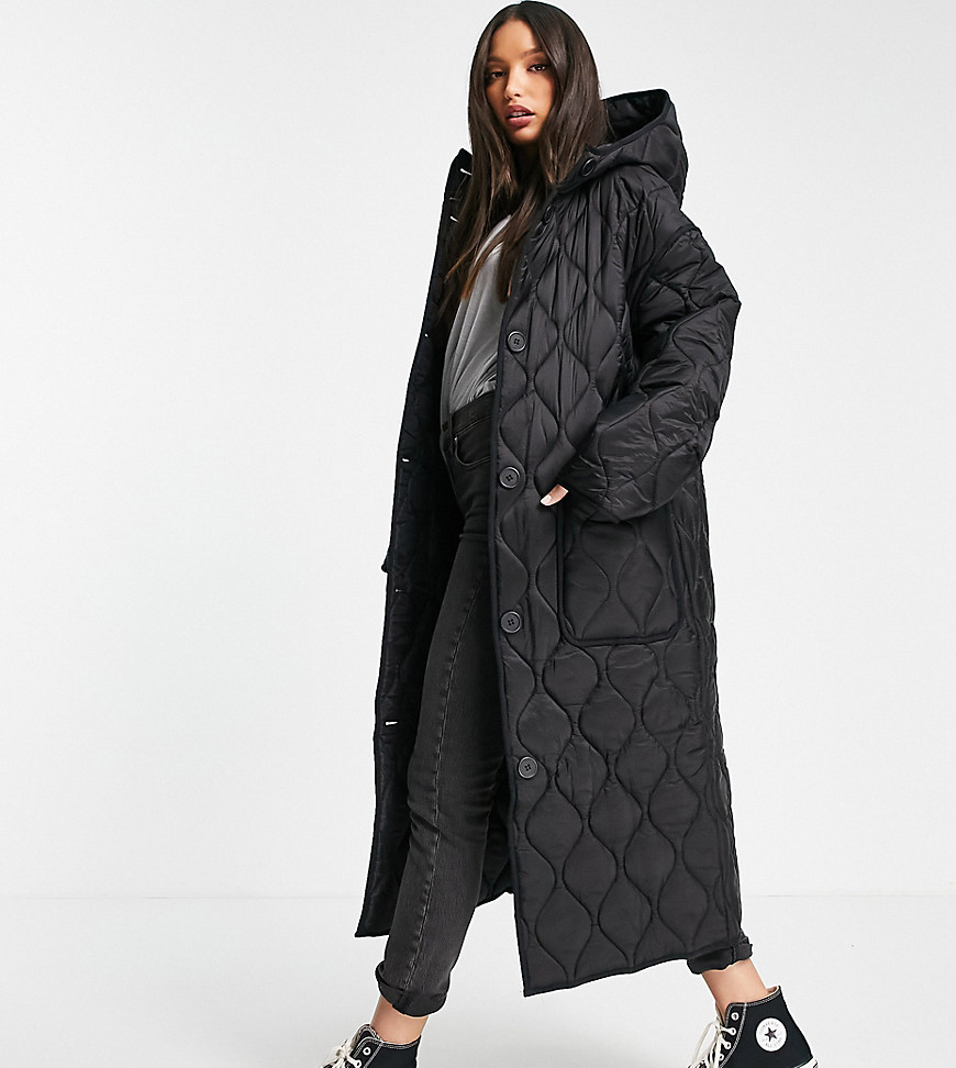 ASOS DESIGN Tall quilted longline hooded puffer jacket in black-Blues