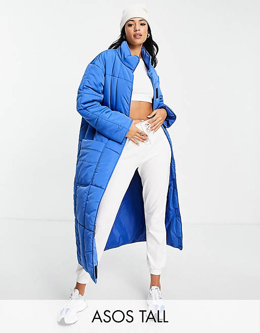 Women Tall quilted longline puffer coat in cobalt 