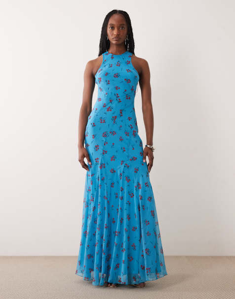 ASOS DESIGN Tall racer neck bias maxi dress with godet hem in blue floral print - view 1
