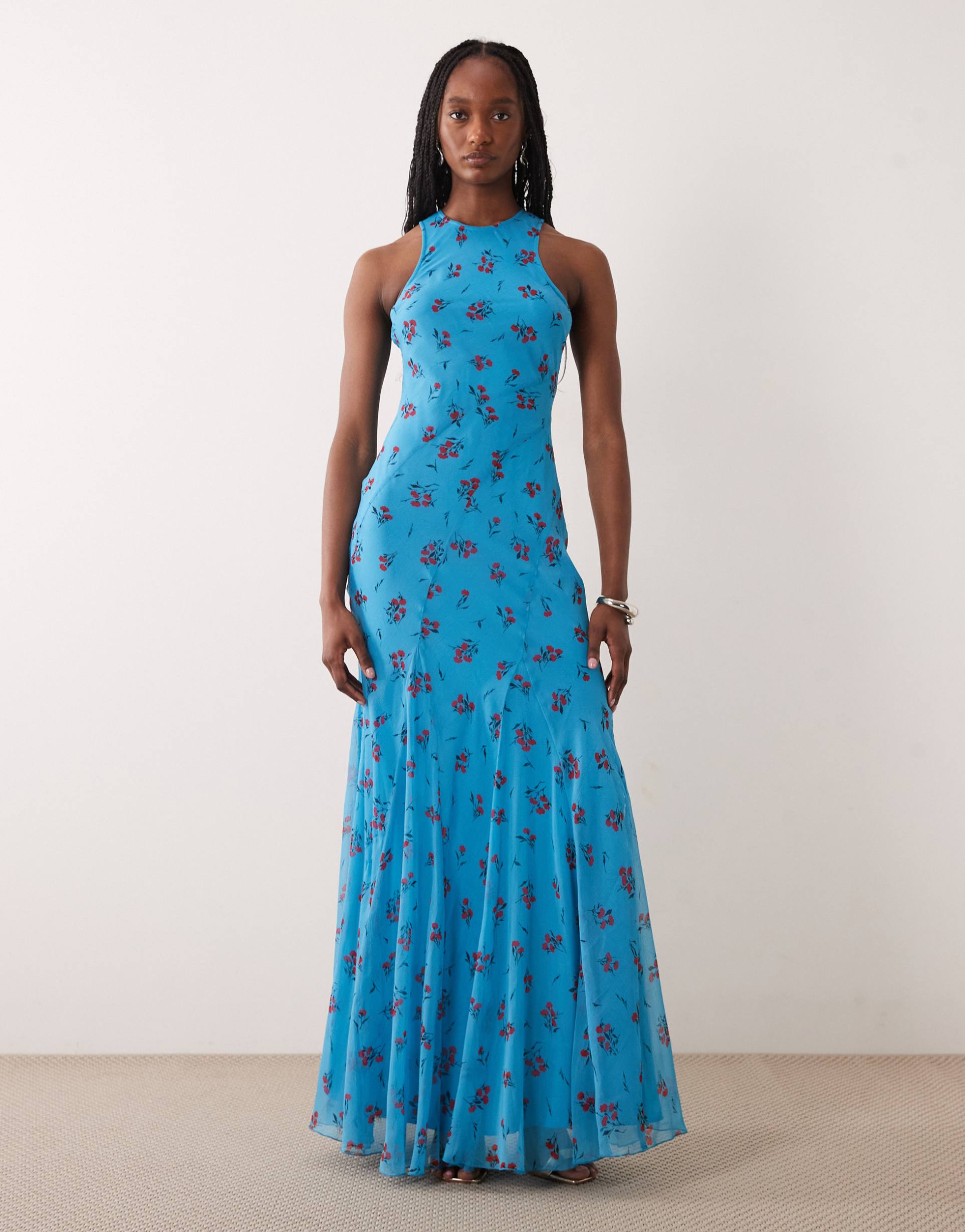 asos design tall racer neck bias maxi dress with godet hem in blue floral print