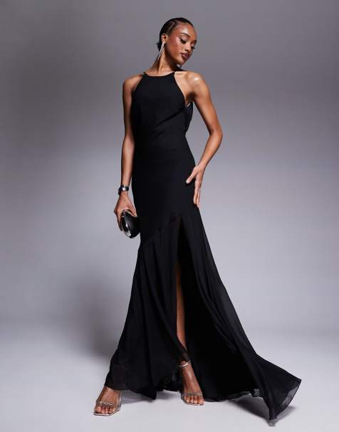 ASOS DESIGN Tall racer neck low cowl back maxi dress with hi lo frill hem in black - view 1
