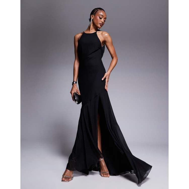 black maxi dress with collar Velvet and satin maxi dress with a slit 46 (FR) / Black-White
