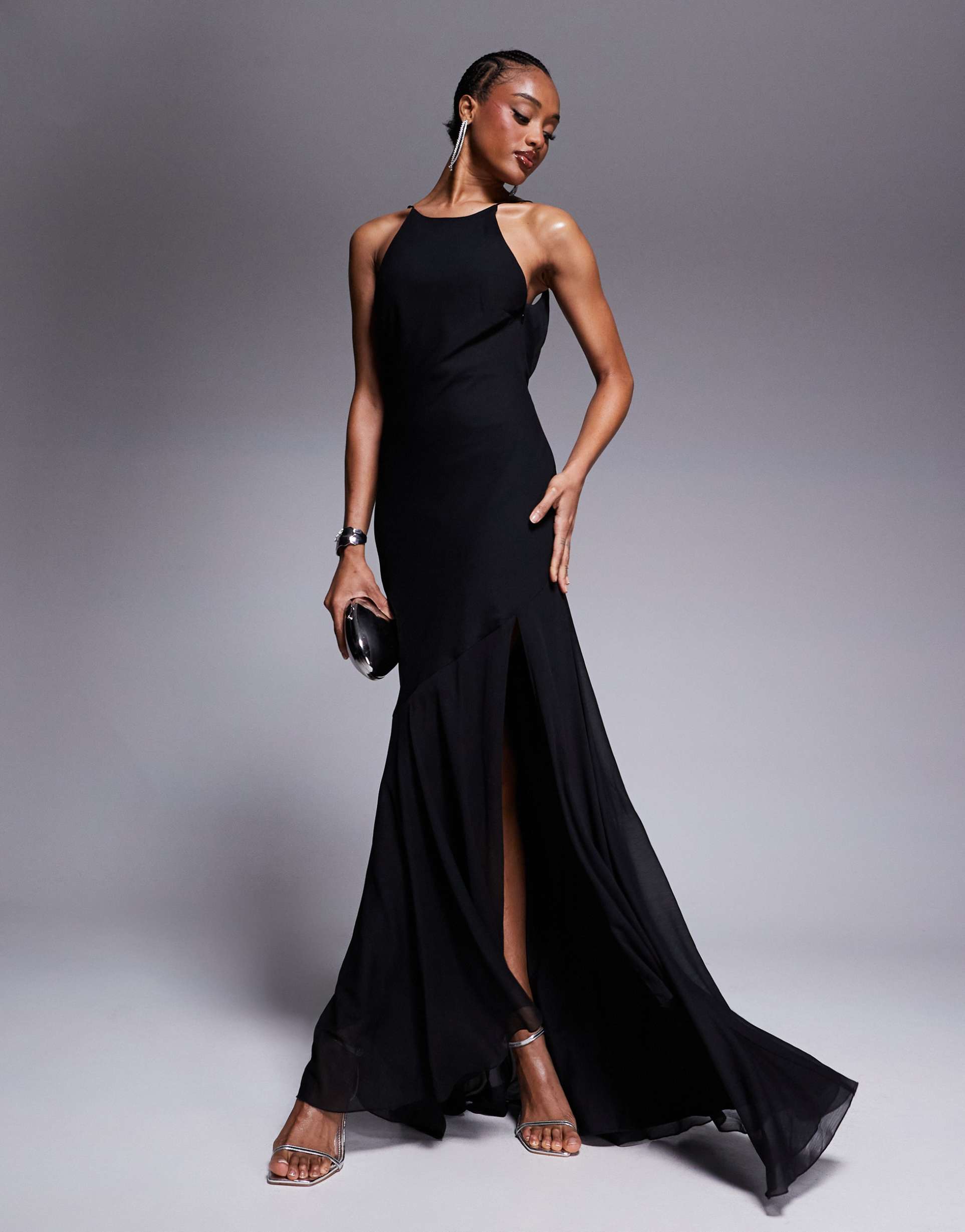 asos design tall racer neck low cowl back maxi dress with high low frill hem in black