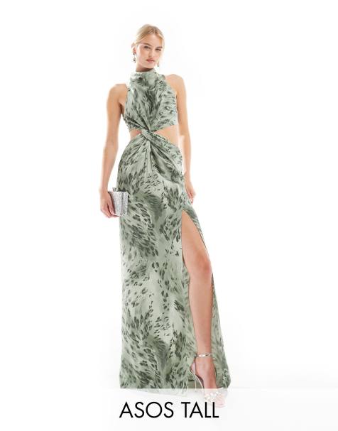 ASOS DESIGN Tall racer neck maxi dress with twist waist detail in abstract leopard print - view 1