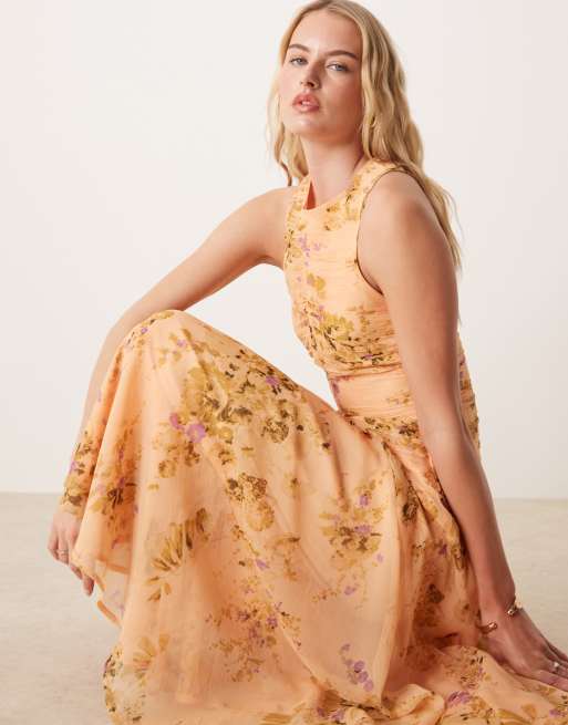 ASOS DESIGN Tall racer neck ruched bodice dropped waist maxi dress in floral print, 2 of 4