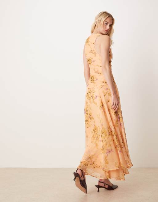 ASOS DESIGN Tall racer neck ruched bodice dropped waist maxi dress in floral print, 3 of 4