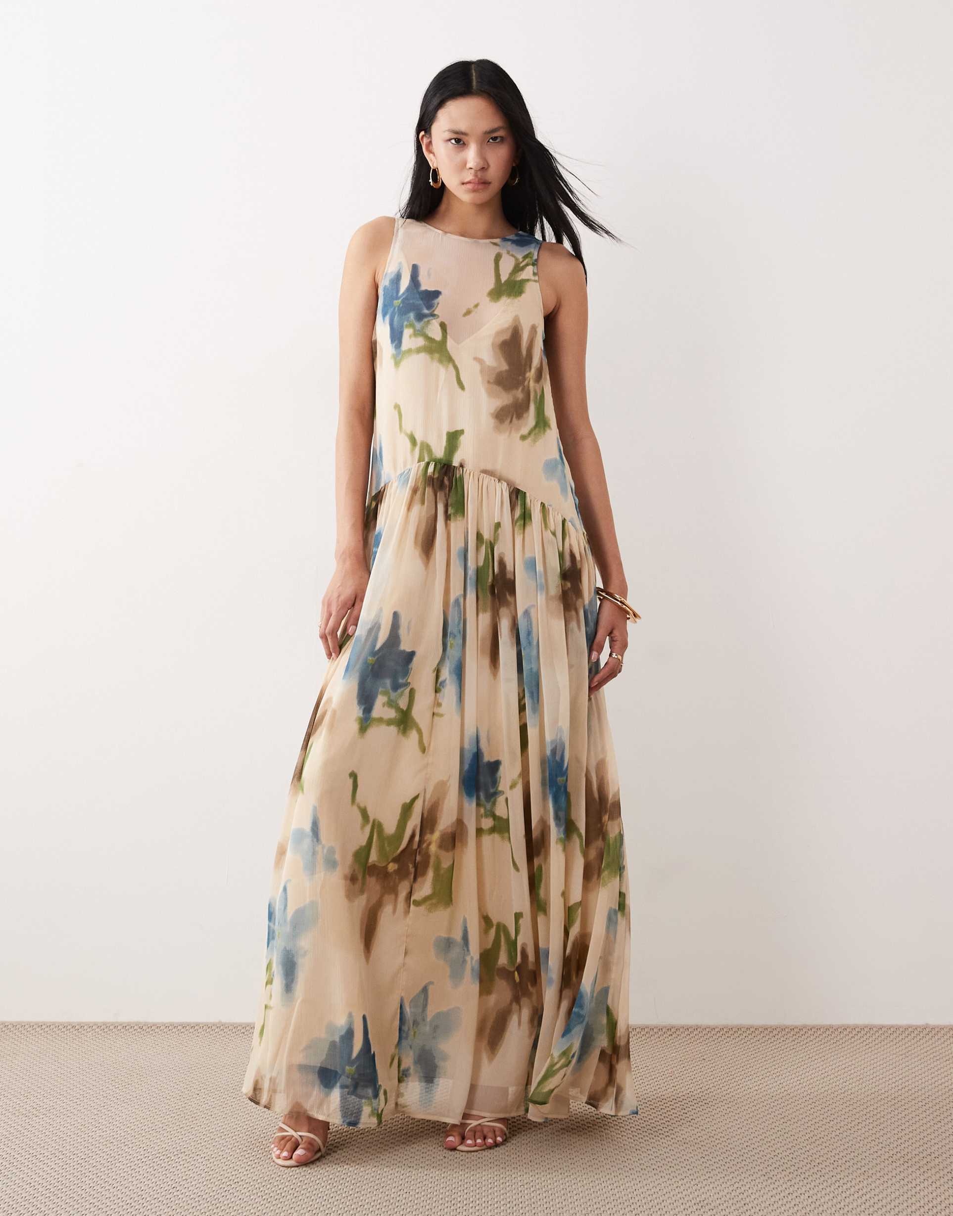 asos design tall racer neck smock maxi dress in pink floral
