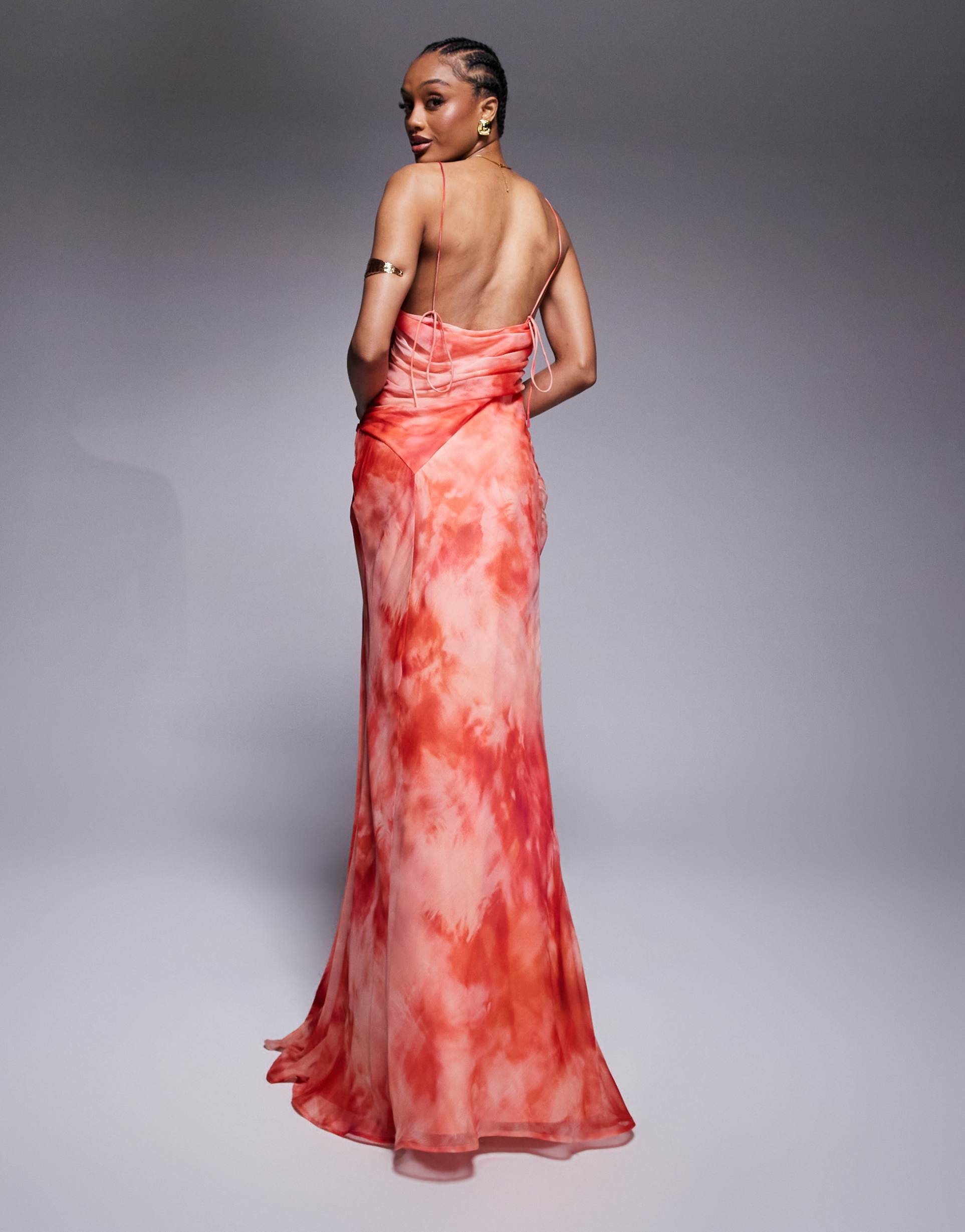 asos design tall racer neck strappy maxi dress with draped skirt in blurred print