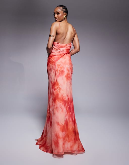 ASOS DESIGN Tall racer neck strappy maxi dress with draped skirt in blurred print