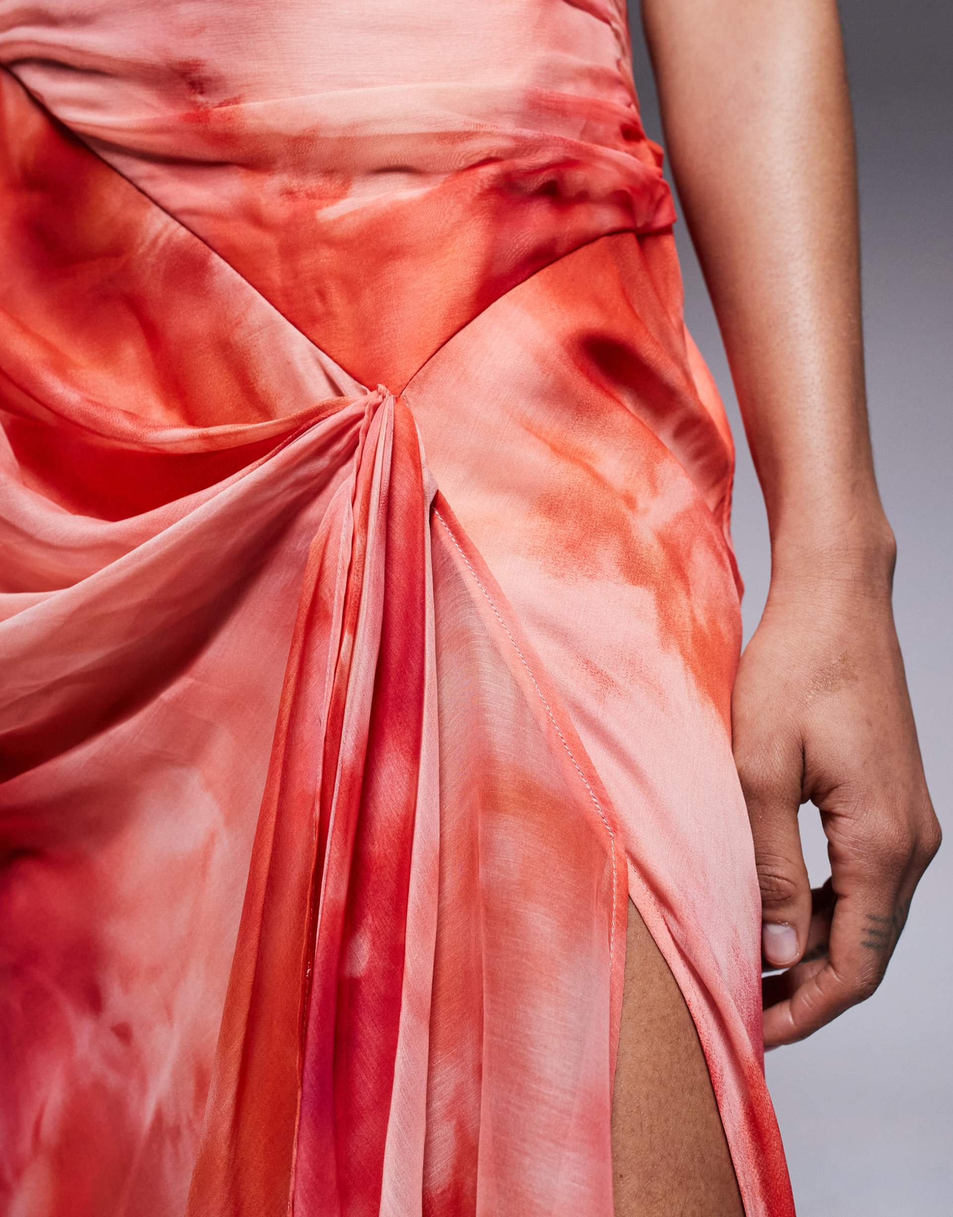 asos design tall racer neck strappy maxi dress with draped skirt in blurred print