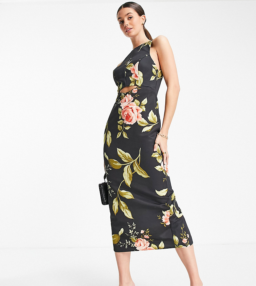Asos Tall Asos Design Tall Racer Neck Structured Midi Dress With Cut Out Detail In Floral Print-multi