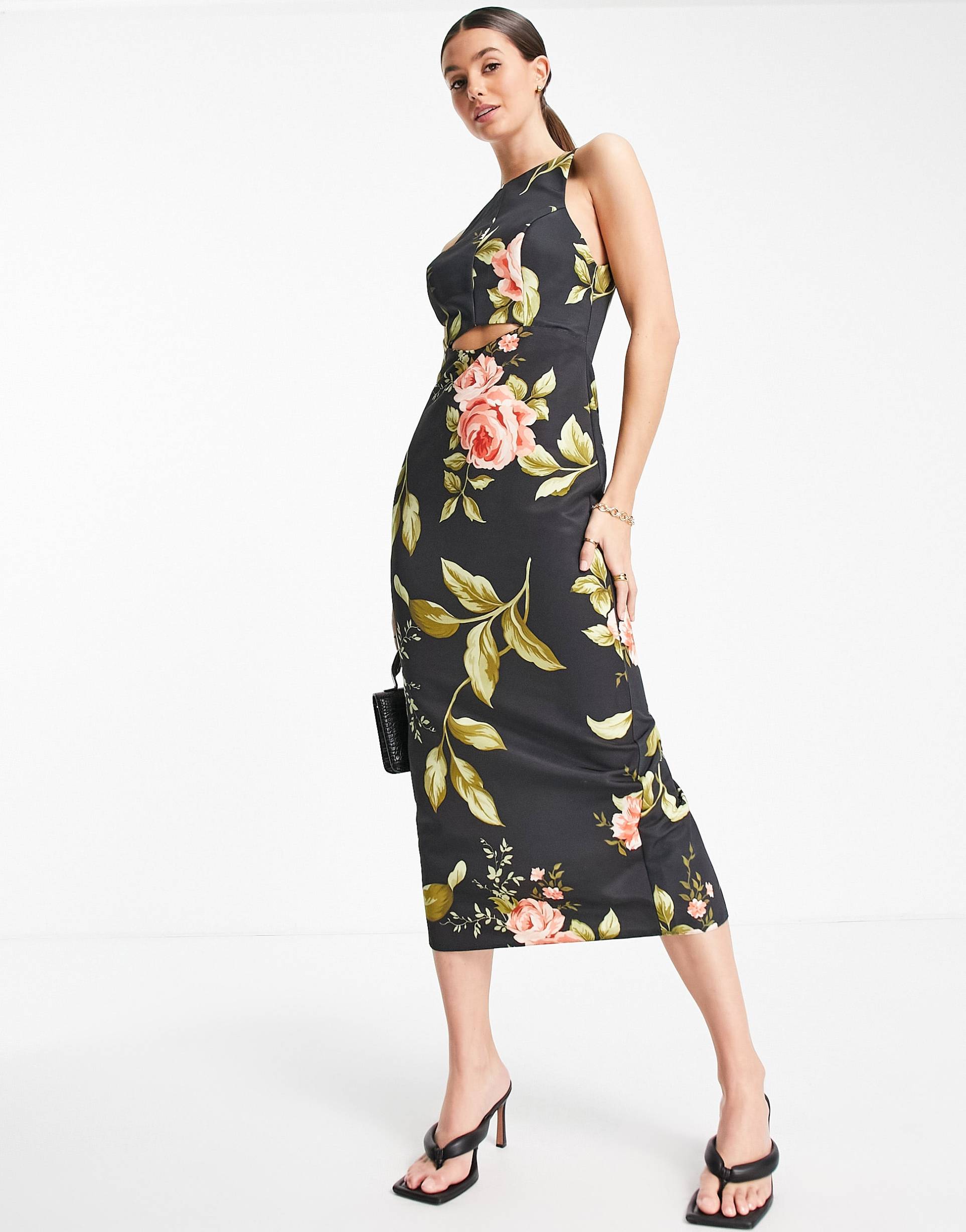 asos design tall racer neck structured midi dress with cut out detail in floral print