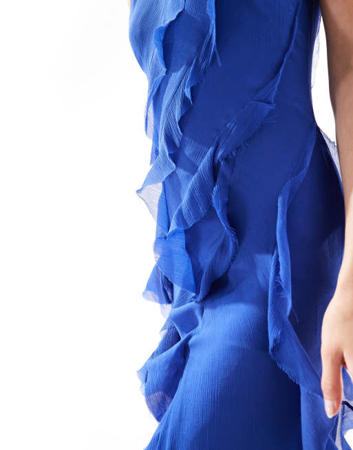 ASOS DESIGN Tall racer neckline ruffle maxi dress with hi low hem in cobalt blue