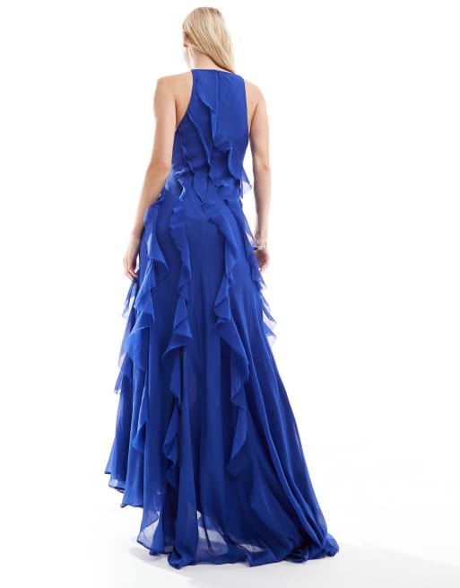 ASOS DESIGN Tall racer neckline ruffle maxi dress with hi low hem in cobalt blue