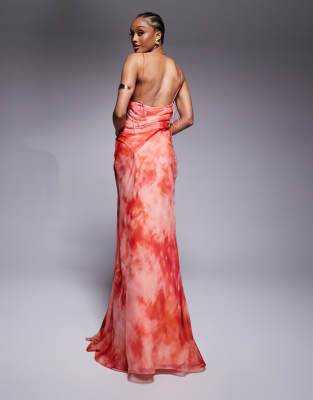 ASOS DESIGN Tall racer neck strappy maxi dress with draped skirt in blurred print