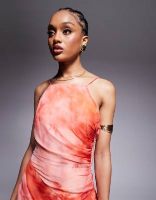 ASOS DESIGN Tall racer neck strappy maxi dress with draped skirt in blurred print