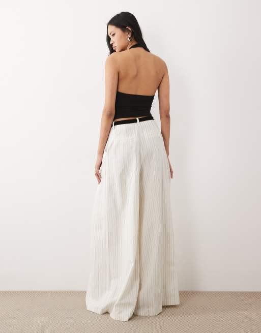 ASOS DESIGN Tall - Råhvide skræddersyede palazzo-bukser med bælte og striber i hørblanding , 3 af 5