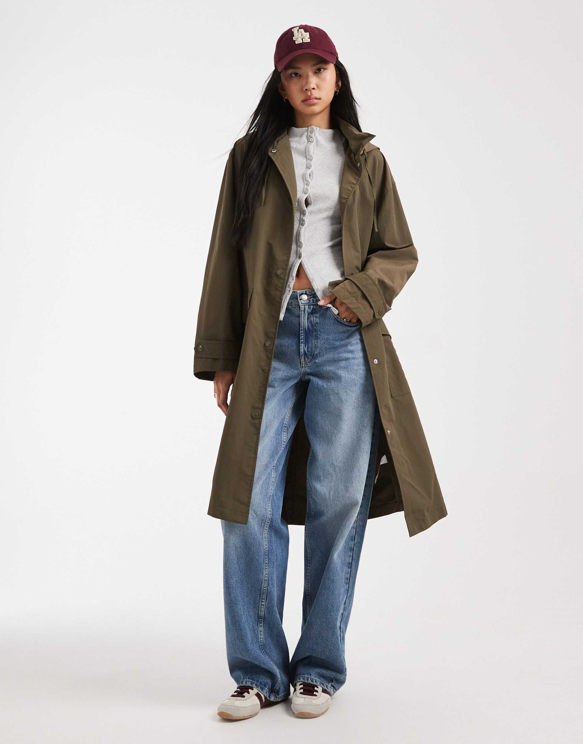 asos design tall rain-resistant throw-on coat in khaki