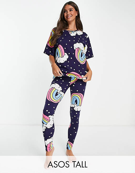 ASOS DESIGN Tall rainbow spot oversized tee & legging pyjama set in navy
