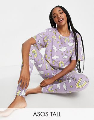 ASOS DESIGN Tall rainbows tee & legging pyjama set in purple - ASOS Price Checker