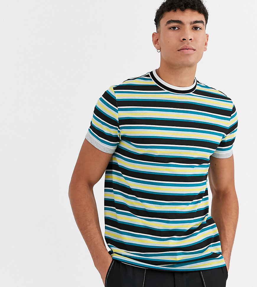 ASOS DESIGN Tall – Randig t-shirt i ekologisk bomull med kantrand och uppvikt ärm-Flerfärgad