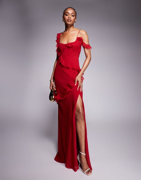ASOS DESIGN Tall raw edge frill maxi dress with tie back in red - view 1