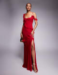 [ASOS Tall] ASOS DESIGN Tall raw edge frill maxi dress with tie back in red 16 RED