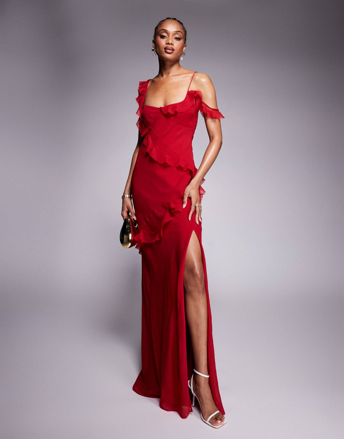 ASOS DESIGN Tall raw edge frill maxi dress with tie back in red